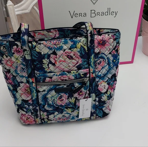 Vera Bradley Small VERA TOTE in Garden Grove Top zip bag w/ front pockets - Picture 1 of 6